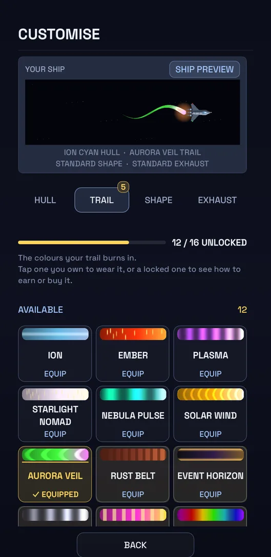 Ship customisation screen with unlockable trail colours