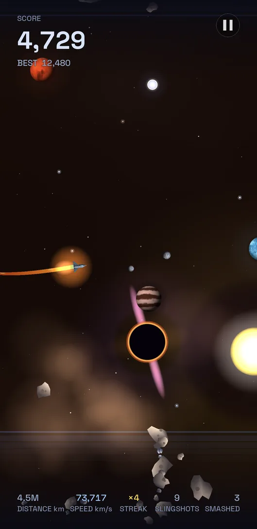 A ship mid-flight heading for a black hole and a star, at 73,717 km/s