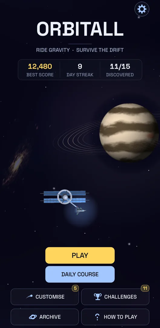 OrbitALL main menu with best score, day streak and planets discovered