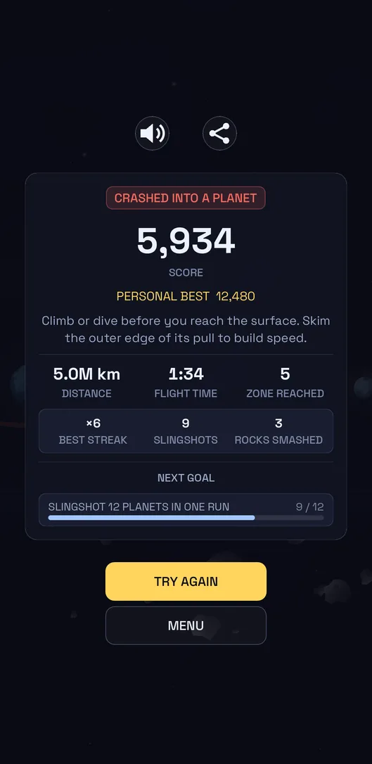 End-of-run results showing score, distance and challenges earned